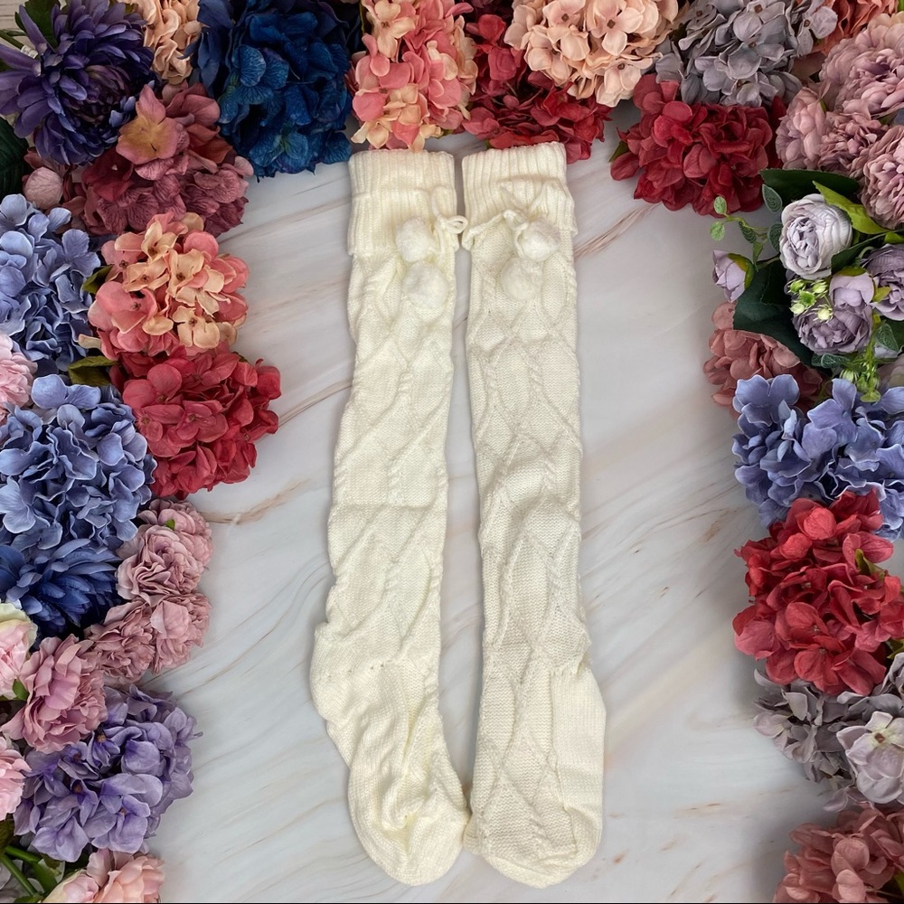 Sexy Over Knee White Cable Knit Socks with Pom Poms - Picture 3 of 13